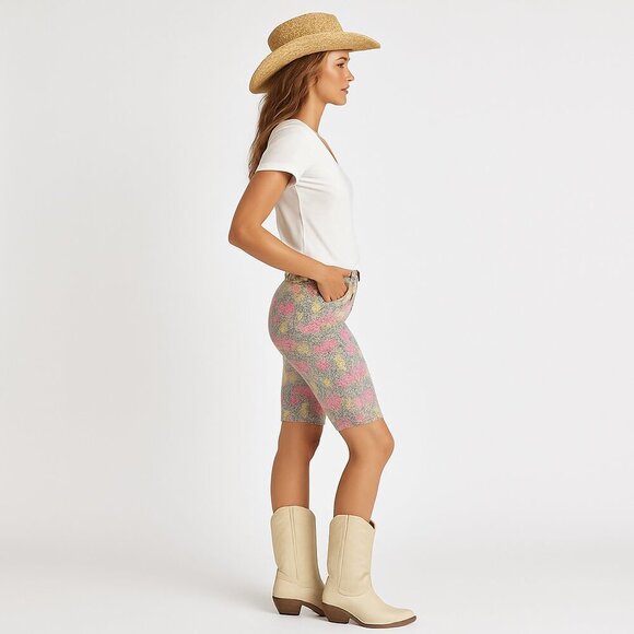 Miss Me Bermuda Shorts Stretch Denim Rhinestone Y2K Western 25 Floral Leopard - Picture 15 of 17